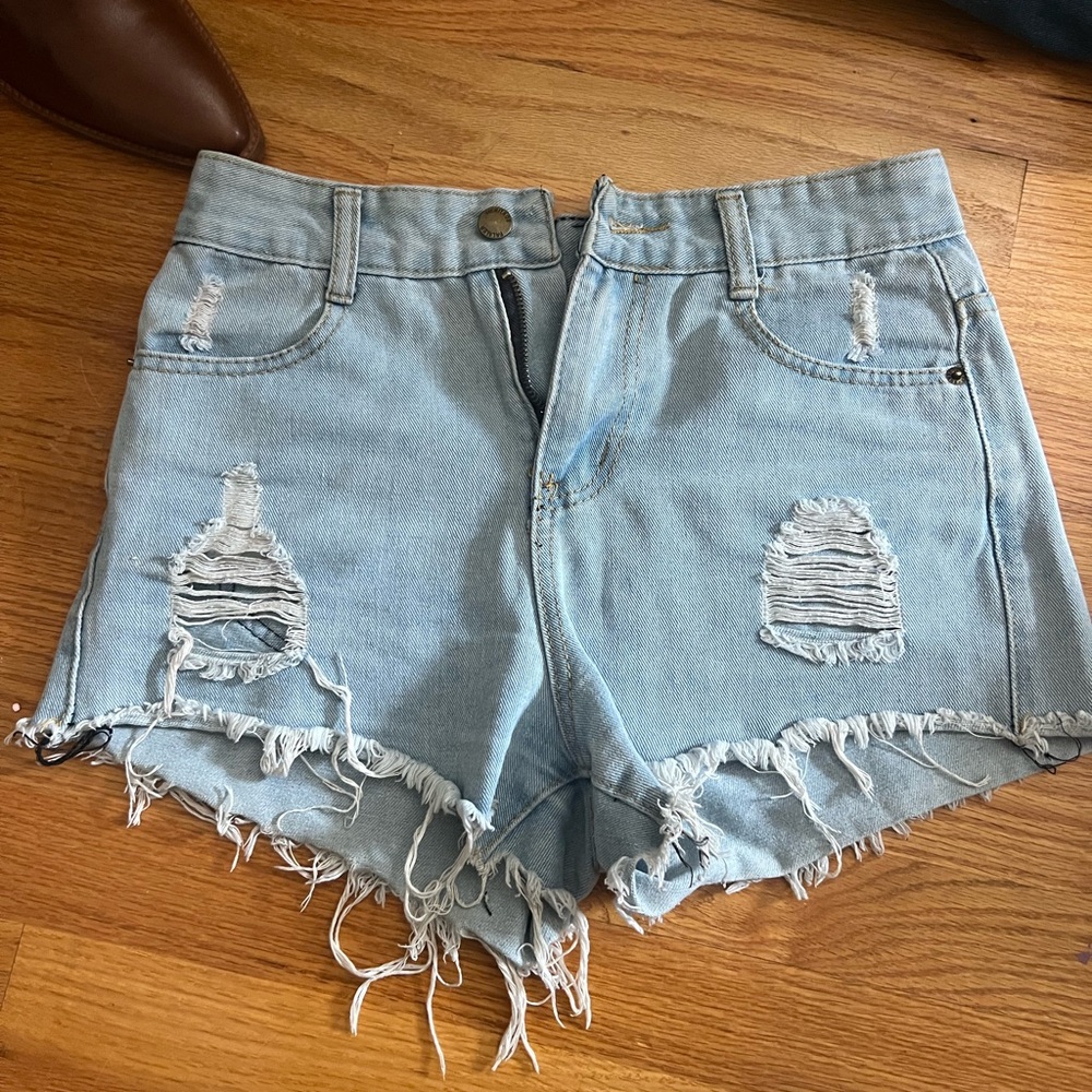 Light Blue Distressed Denim Shorts - Women's High-Rise Ripped Jean Shorts